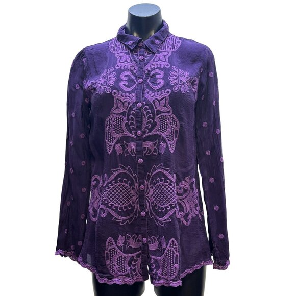 Johnny Was Embroidered Silk Blouse Wine XS Long Sleeve Button Front - Picture 1 of 7